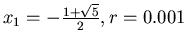 $x_1 = -\frac{1+\sqrt{5}}{2}, r = 0.001$